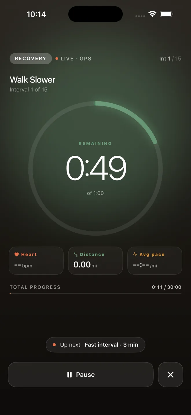 Recovery interval screen with a countdown timer and live stats